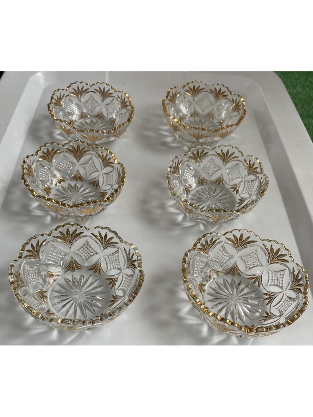 1890's Shoshone Berry Bowls Set Of 6; Clear and Gold Victor US Glass EAPG